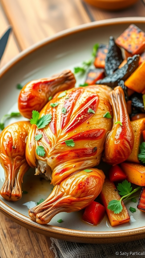 Crispy air fryer quail garnished with herbs, served with roasted vegetables on a rustic table.